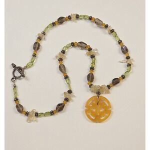 Vintage‎ Sterling Silver, Gemstone, & Yellow Jade Medallion Pendant Necklace 18"